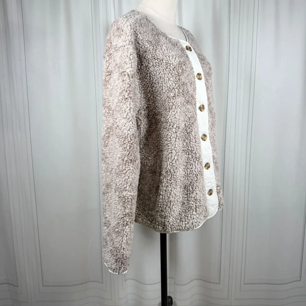 Lucky Brand Faux Shearling Jacket Neutral Multi Taupe Quilted Trim Button L